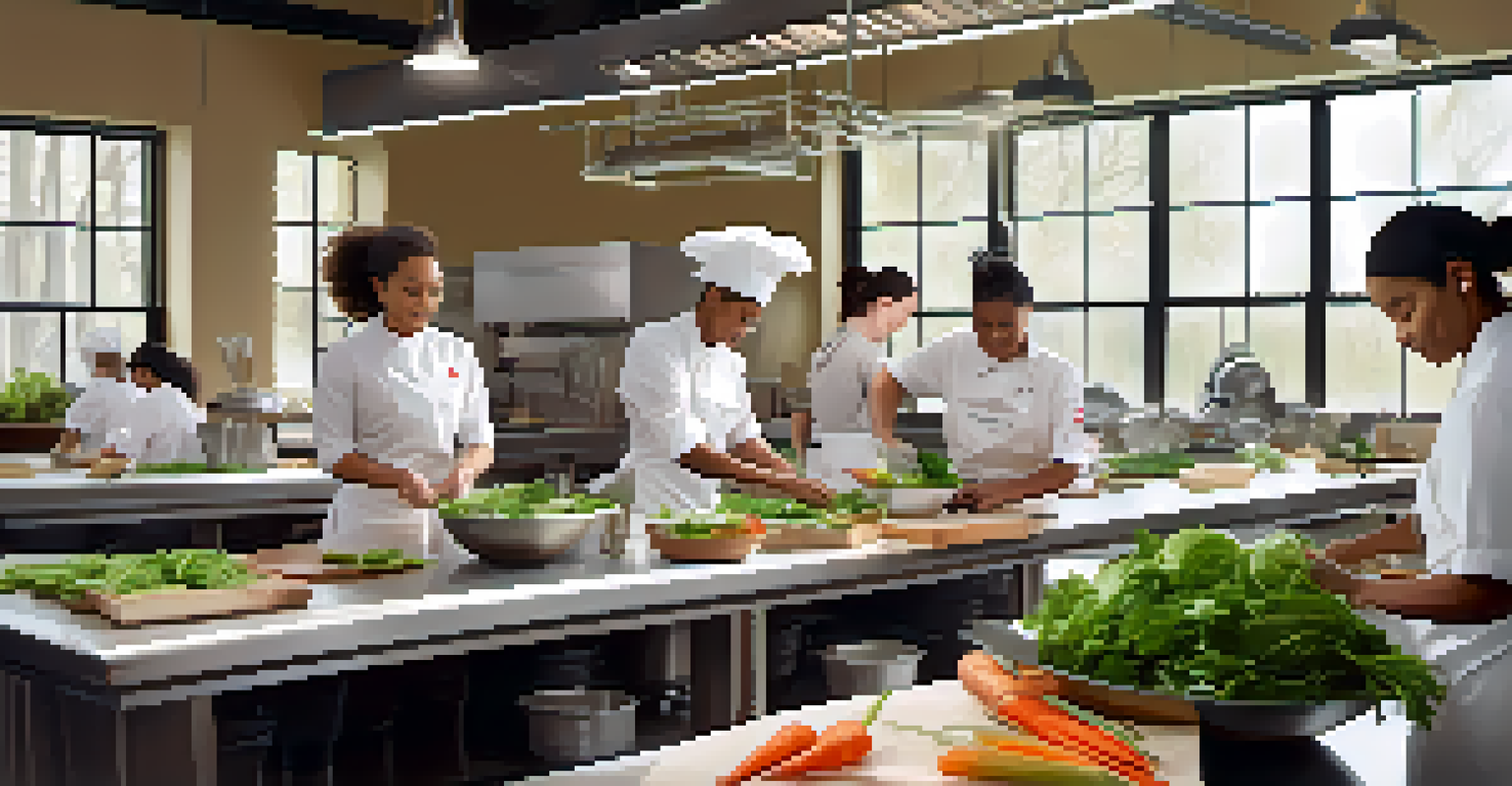 Culinary students in a bright classroom, working together to prepare meals with professional kitchen tools.