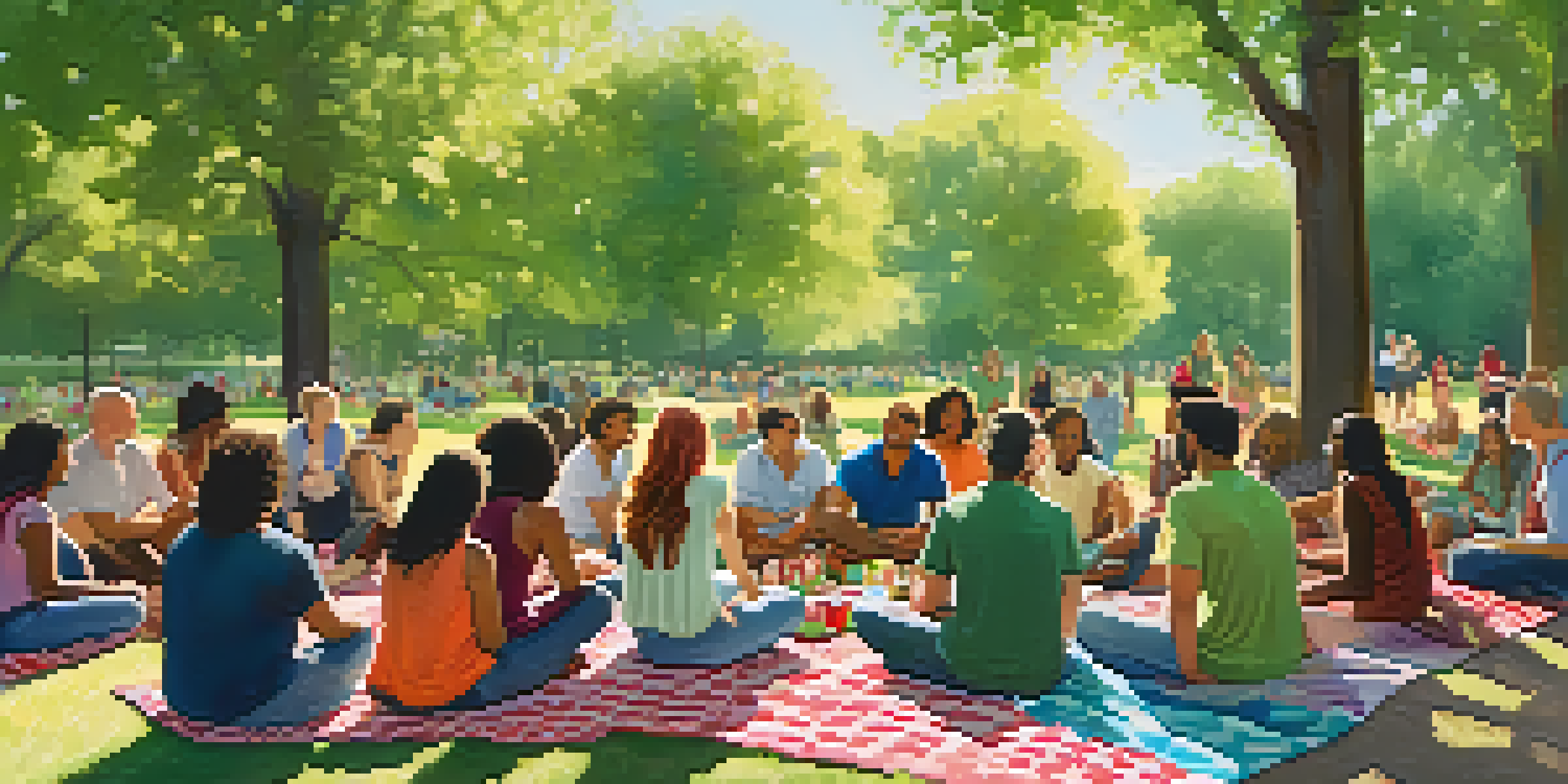 A diverse group of people sitting in a circle at a community support group meeting in a sunny park, with trees and flowers around them.