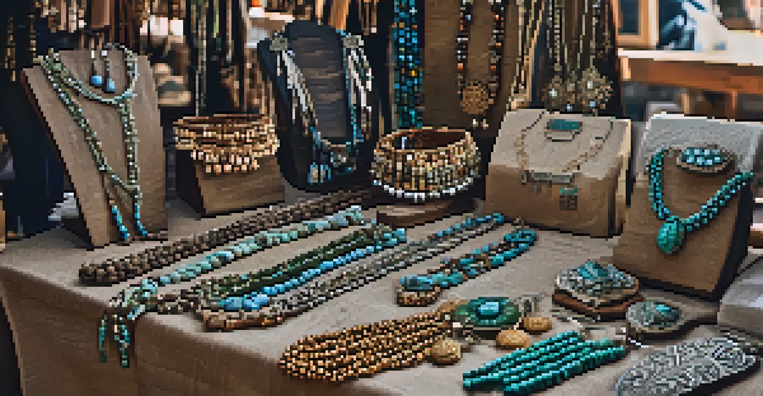 A detailed view of handcrafted jewelry on a vendor's table at an artisan market, showcasing unique designs with natural textures and sparkling gems.