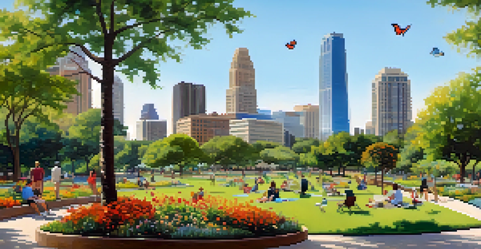 A lively urban park in Austin with families picnicking, colorful flowers, and city skyline in the background.