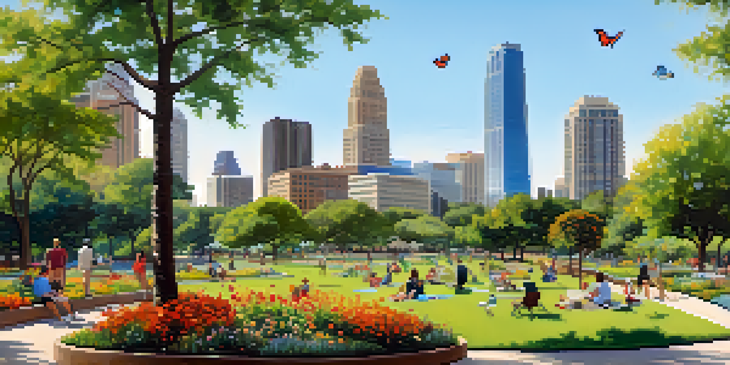 A lively urban park in Austin with families picnicking, colorful flowers, and city skyline in the background.