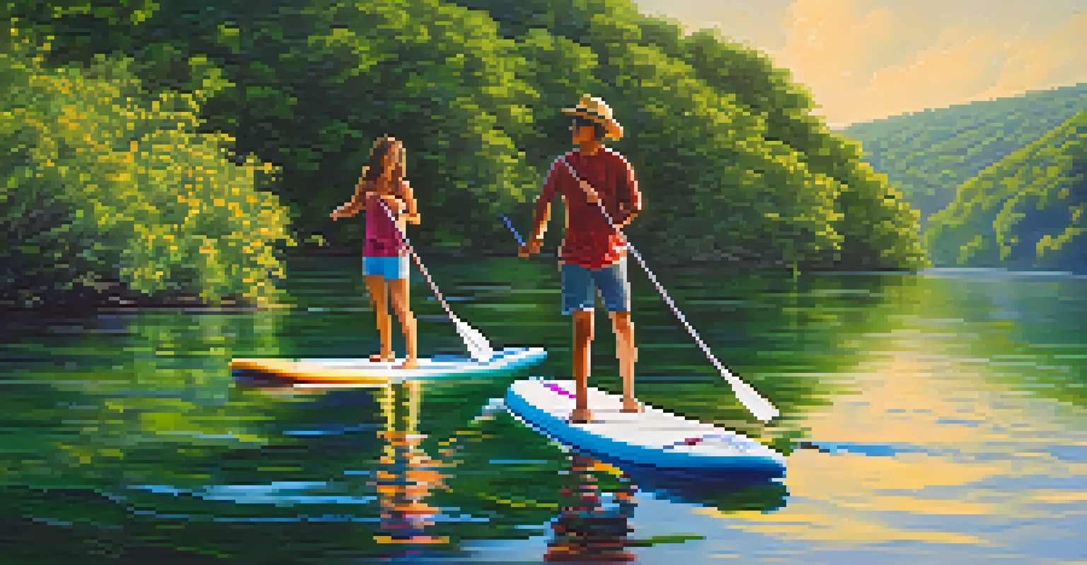 A group of friends paddleboarding on Lake Austin surrounded by greenery and colorful wildflowers on a sunny day.