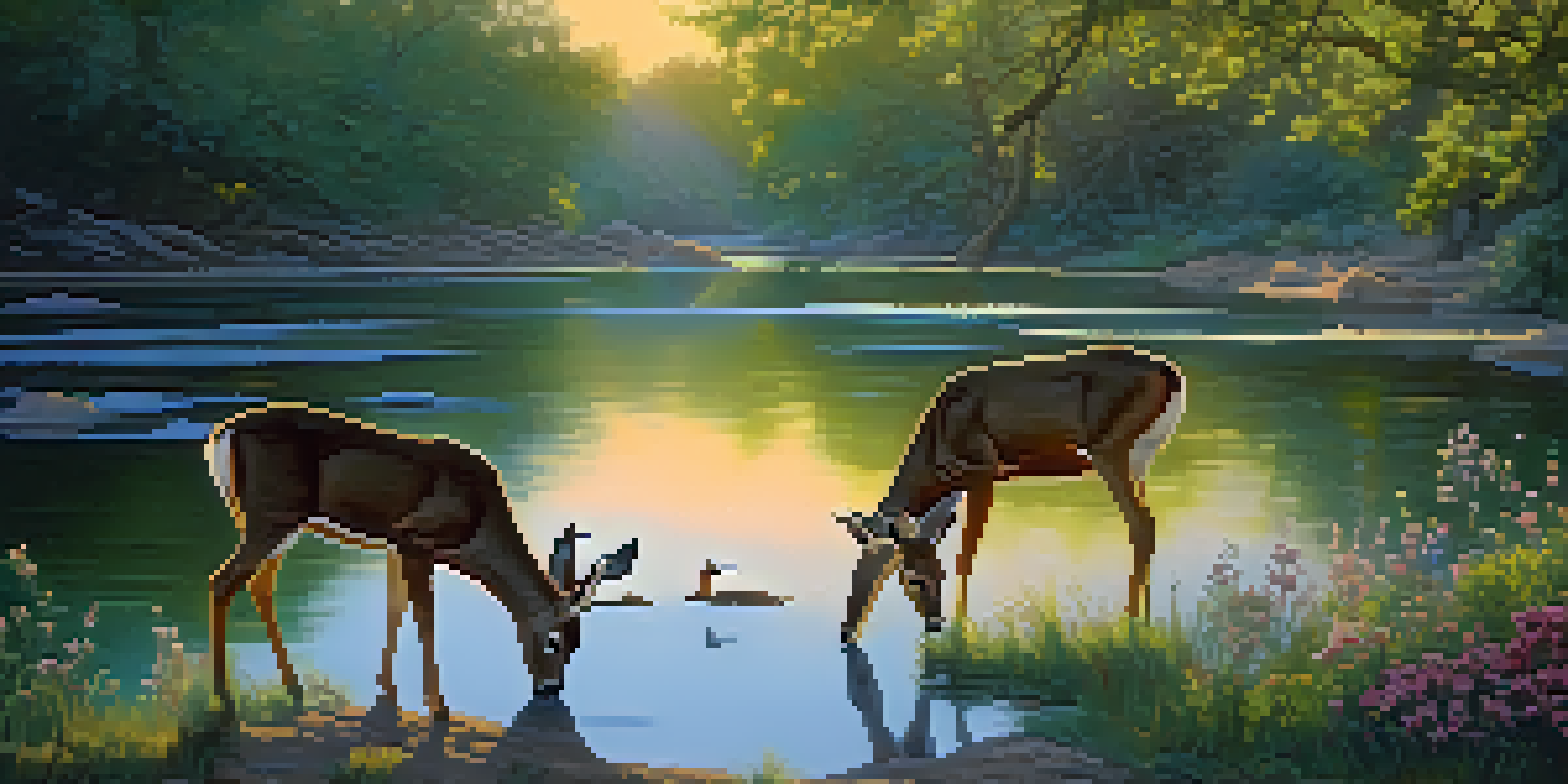 A peaceful lake with two deer drinking water, surrounded by vibrant greenery and colorful birds, illuminated by soft sunrise light.