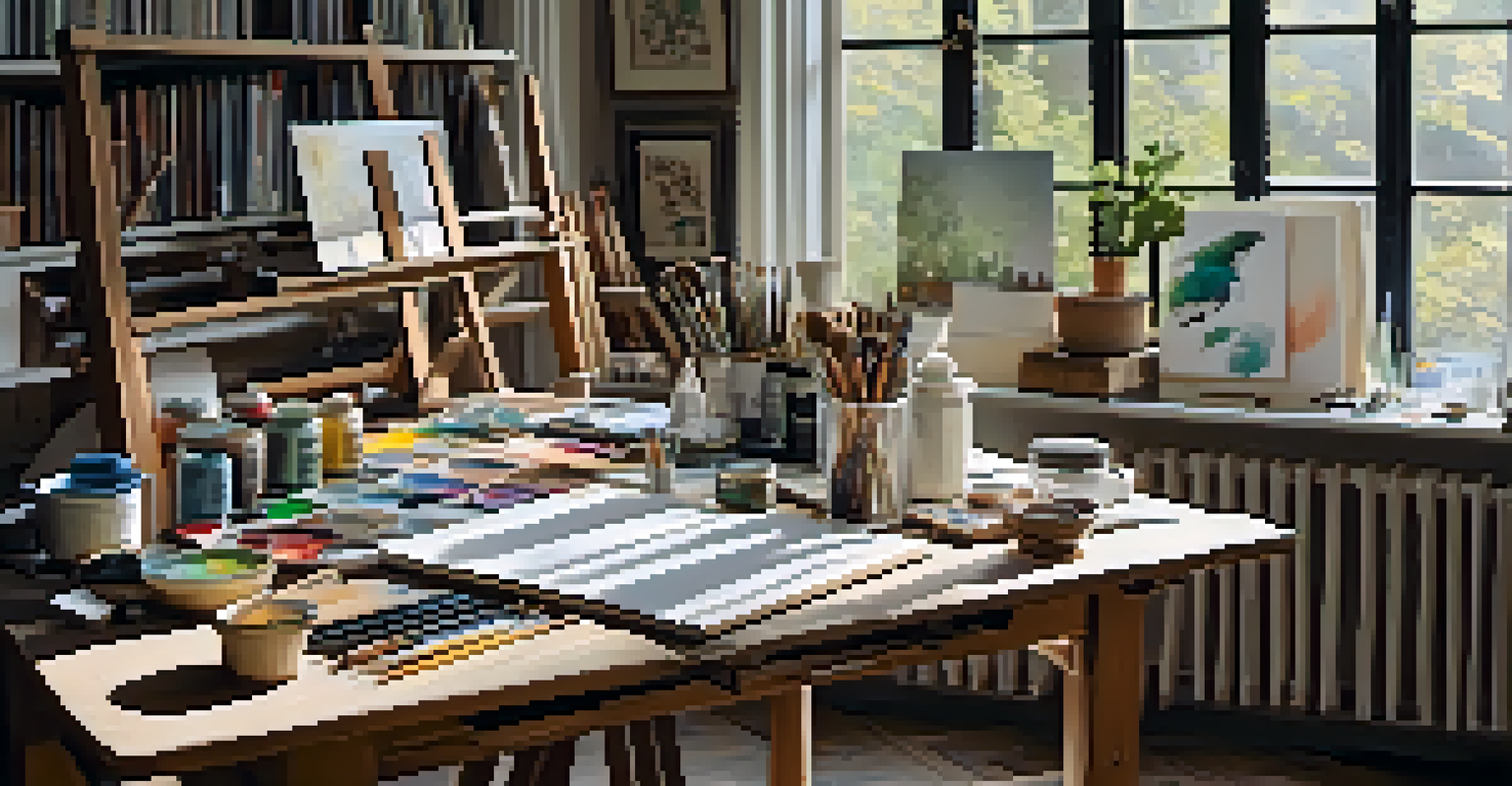 An artist's workspace with an organized table of art supplies and a canvas on an easel, bathed in natural light.