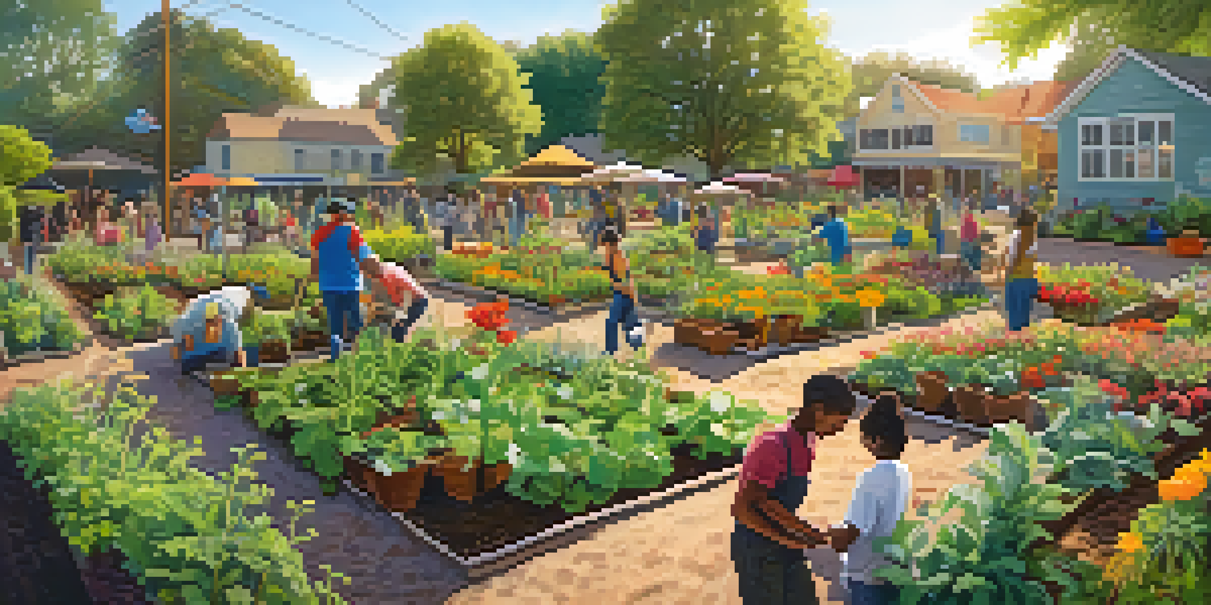 A community garden with people planting vegetables and flowers, featuring colorful blooms and lush greenery under a warm sun.