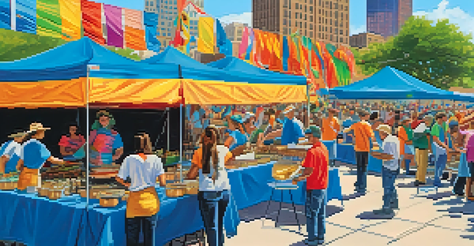 Volunteers energetically preparing for a cultural festival, decorated stalls and a sunny Austin skyline in the background.