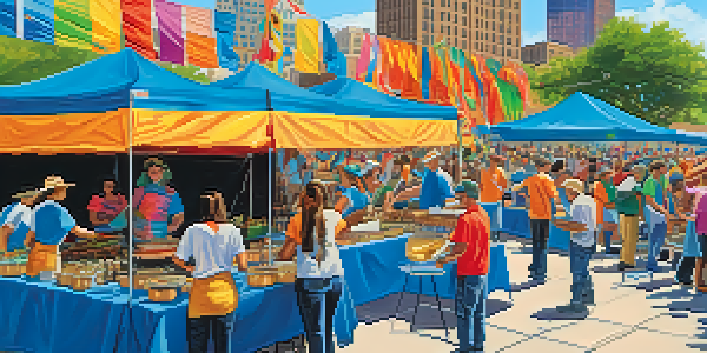 Volunteers energetically preparing for a cultural festival, decorated stalls and a sunny Austin skyline in the background.
