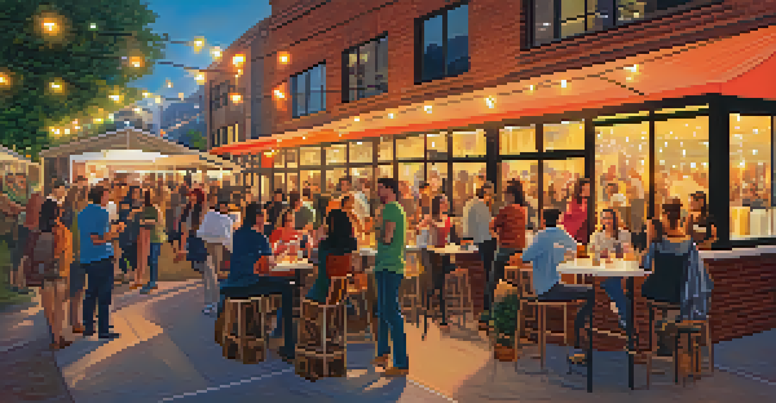 A vibrant collage of attendees enjoying the Austin Startup Crawl, mingling outside startup offices with food trucks and string lights.