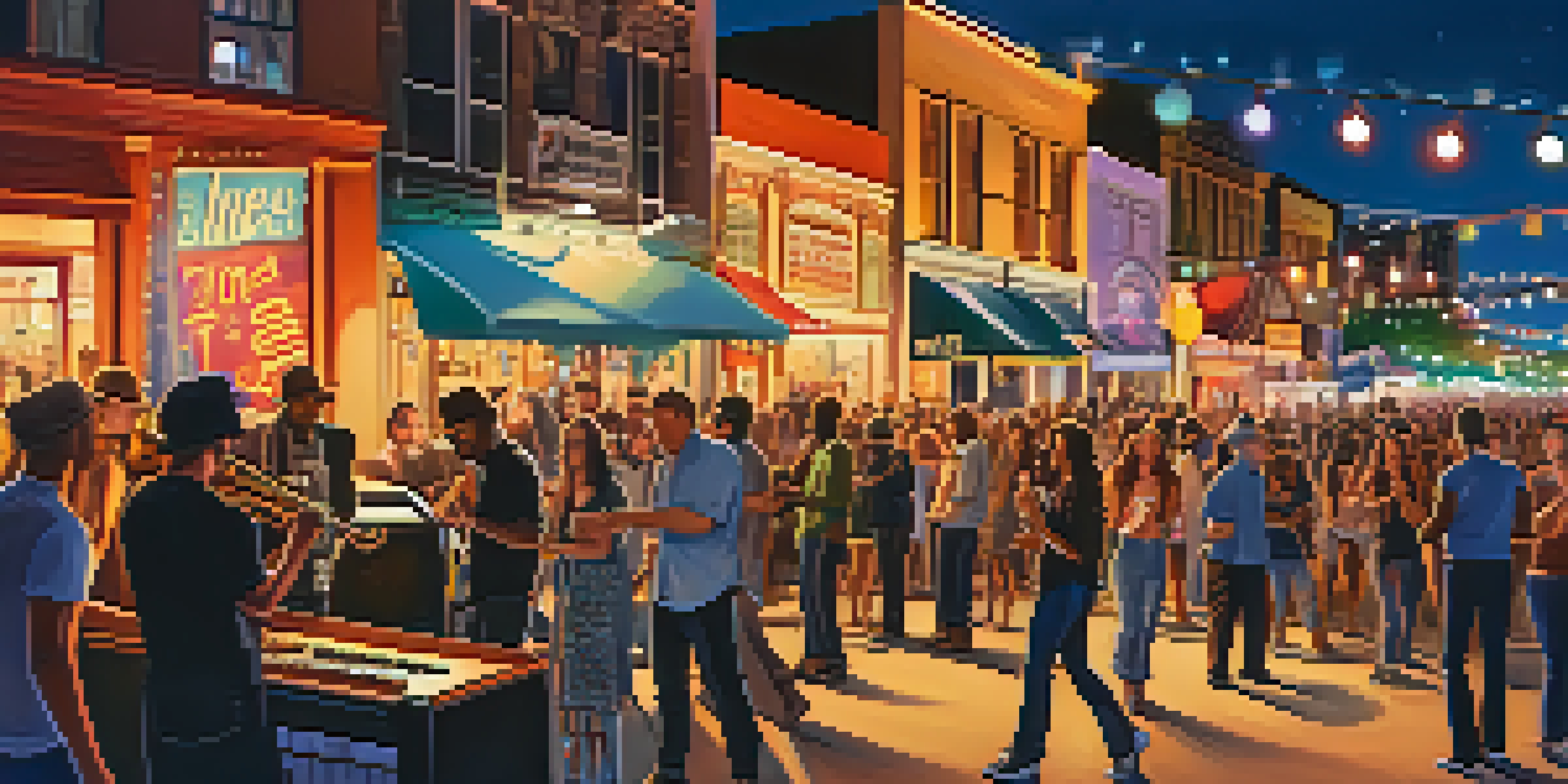 A lively street scene in Austin during the SXSW festival, with a crowd enjoying live blues music and colorful banners.