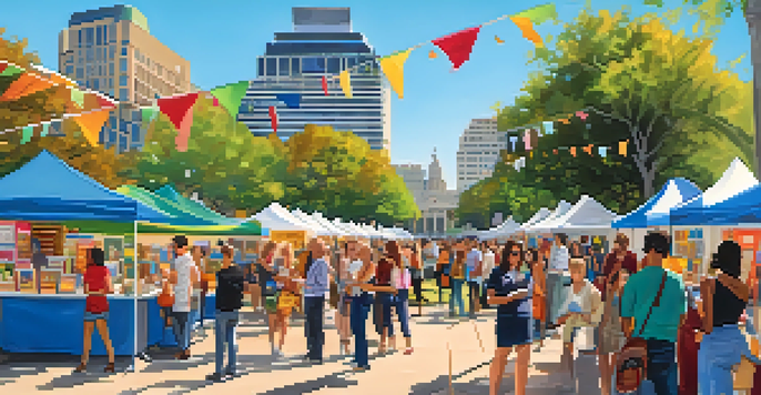 A bustling scene at the Austin Book Festival with people interacting with authors, colorful book displays, and food trucks under a bright sky.