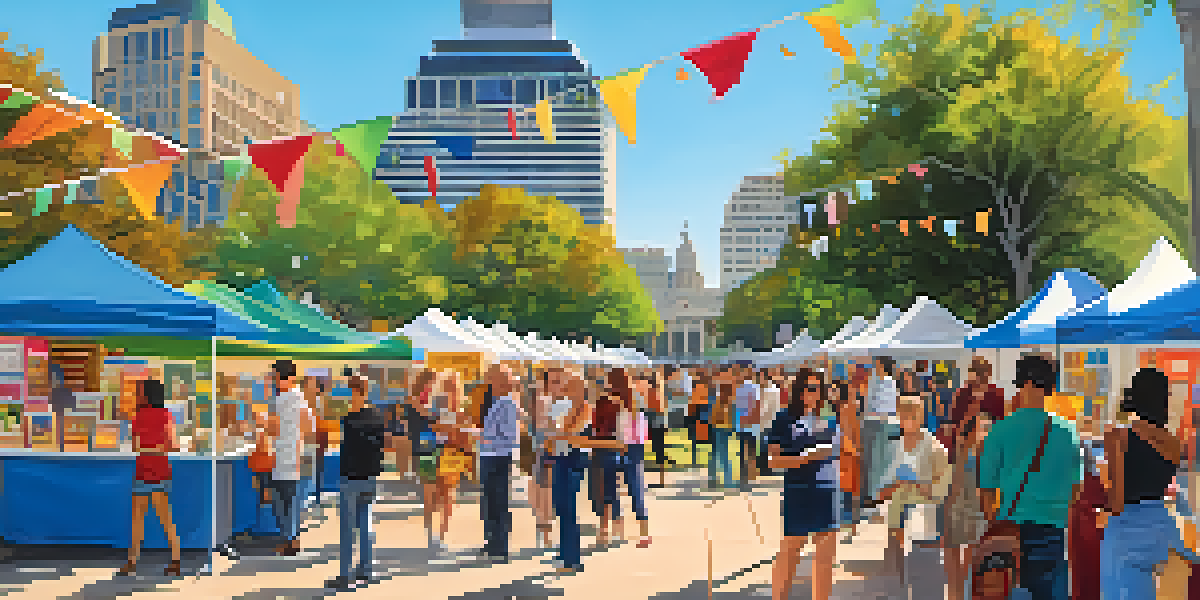 A bustling scene at the Austin Book Festival with people interacting with authors, colorful book displays, and food trucks under a bright sky.