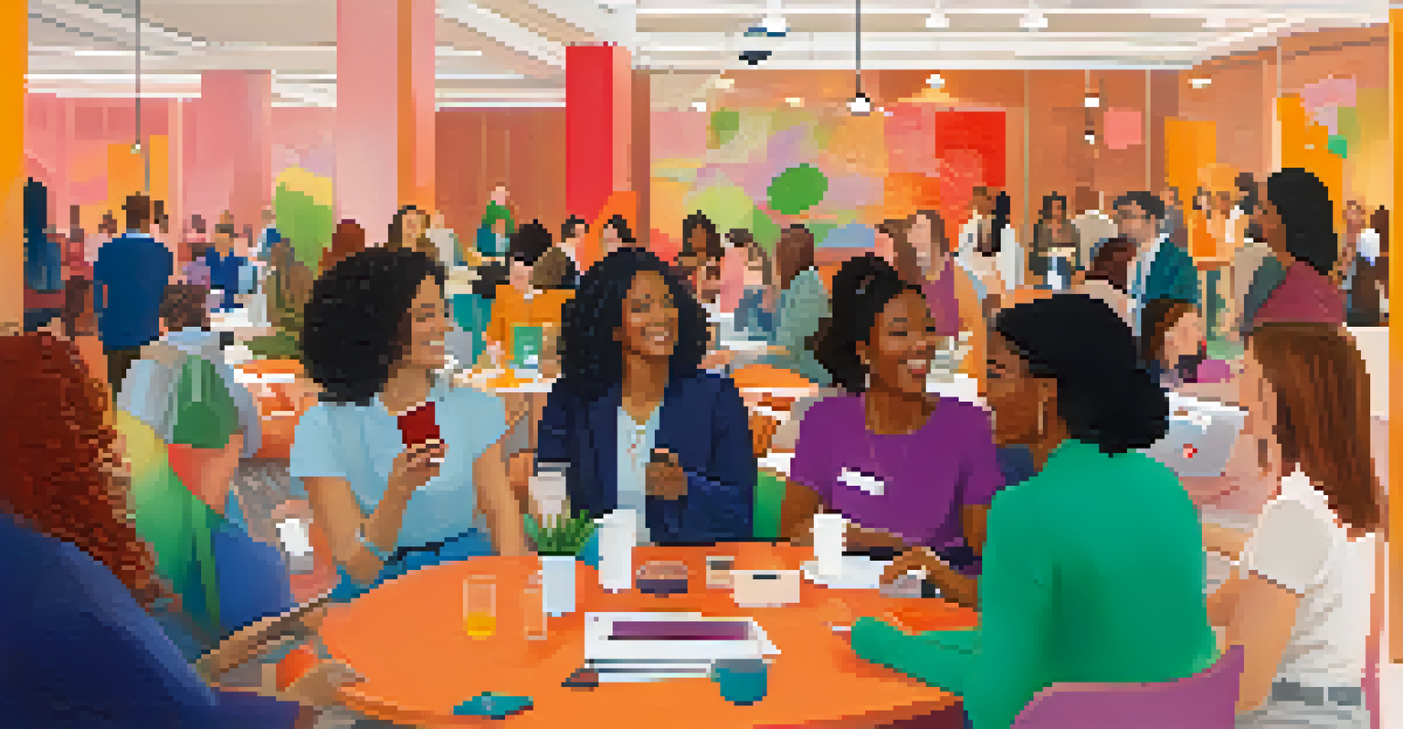 A lively networking event for women in technology, with diverse participants exchanging ideas in a colorful, supportive atmosphere.