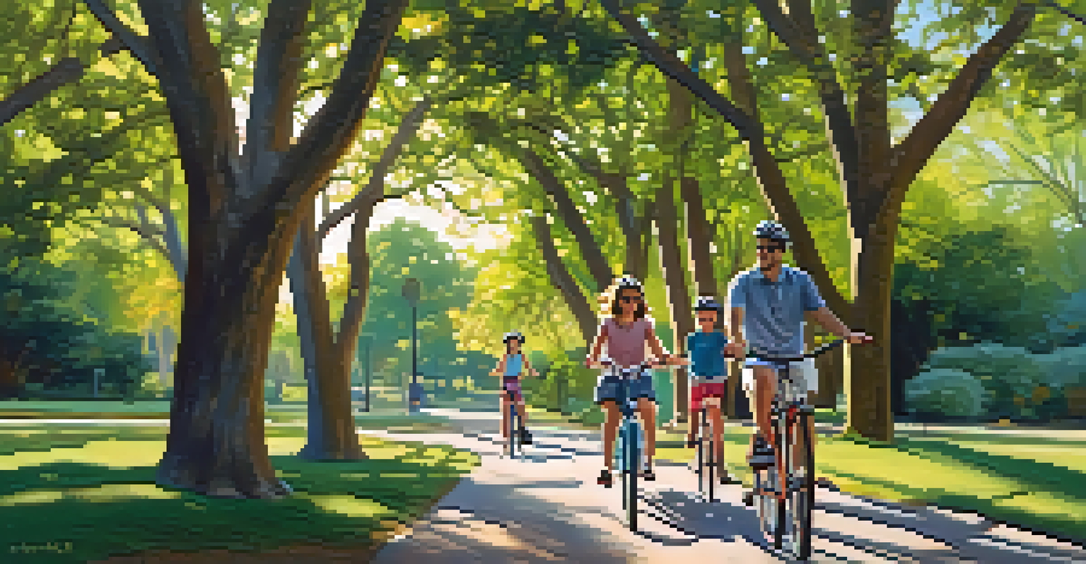 A family enjoying a leisurely bike ride in an Austin park, surrounded by trees and sunlight, showcasing happiness and community.