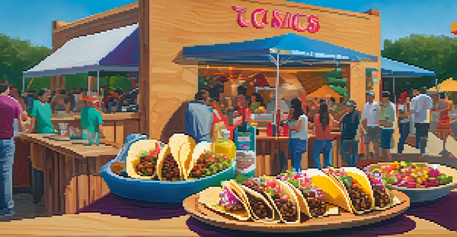 A colorful arrangement of gourmet Tex-Mex dishes including tacos and salsa, with happy festival-goers in the background.