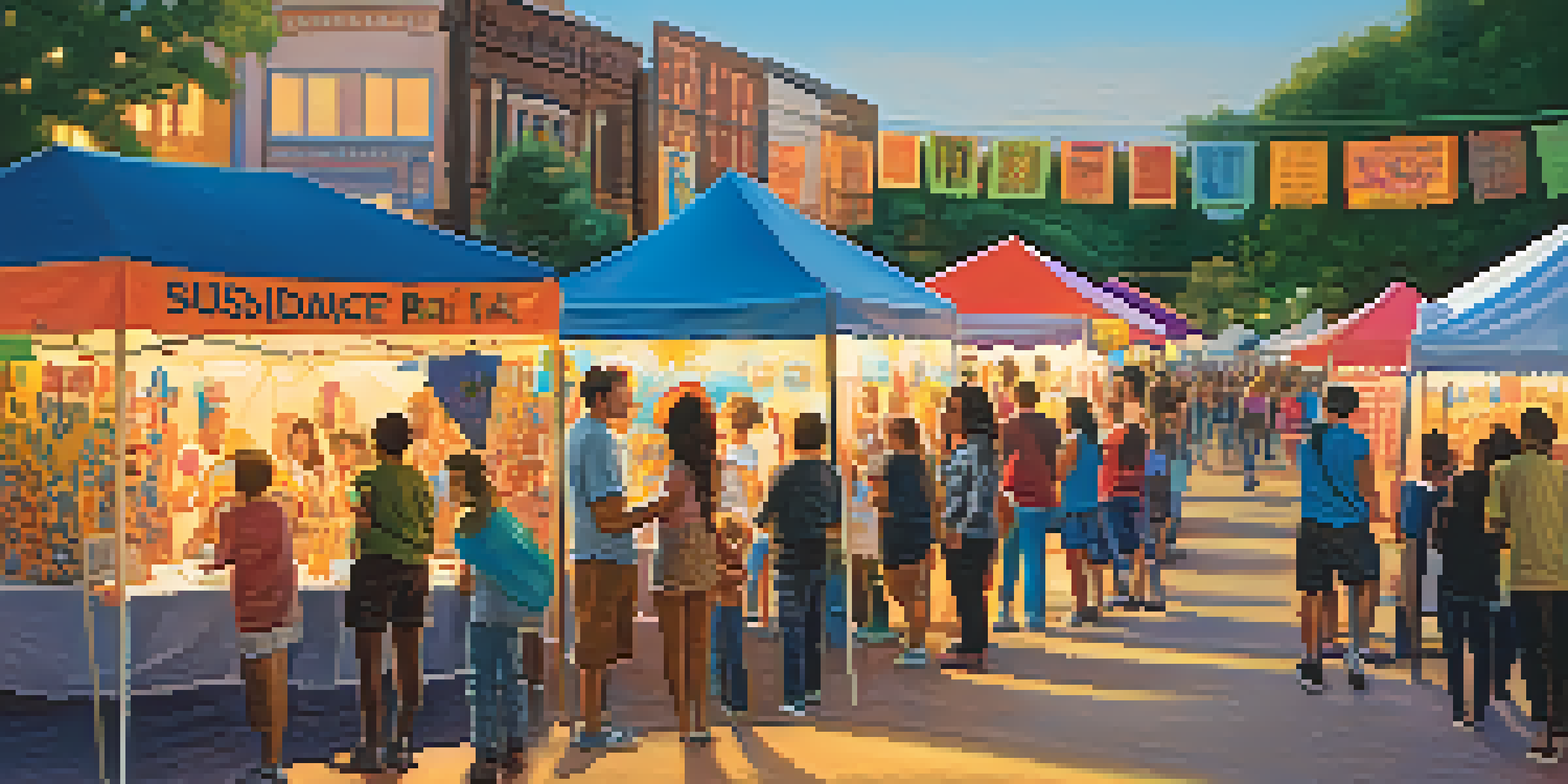 A lively community fair in Austin with diverse participants engaging at various booths promoting substance abuse prevention, under a warm sunset.