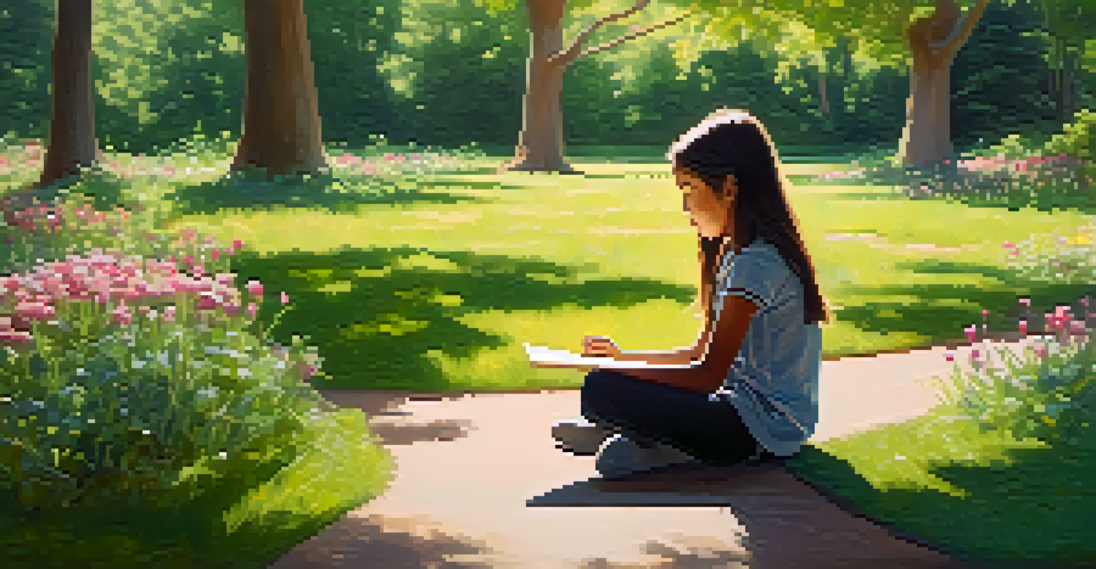 A young student practicing mindfulness in a tranquil school garden surrounded by flowers and trees.