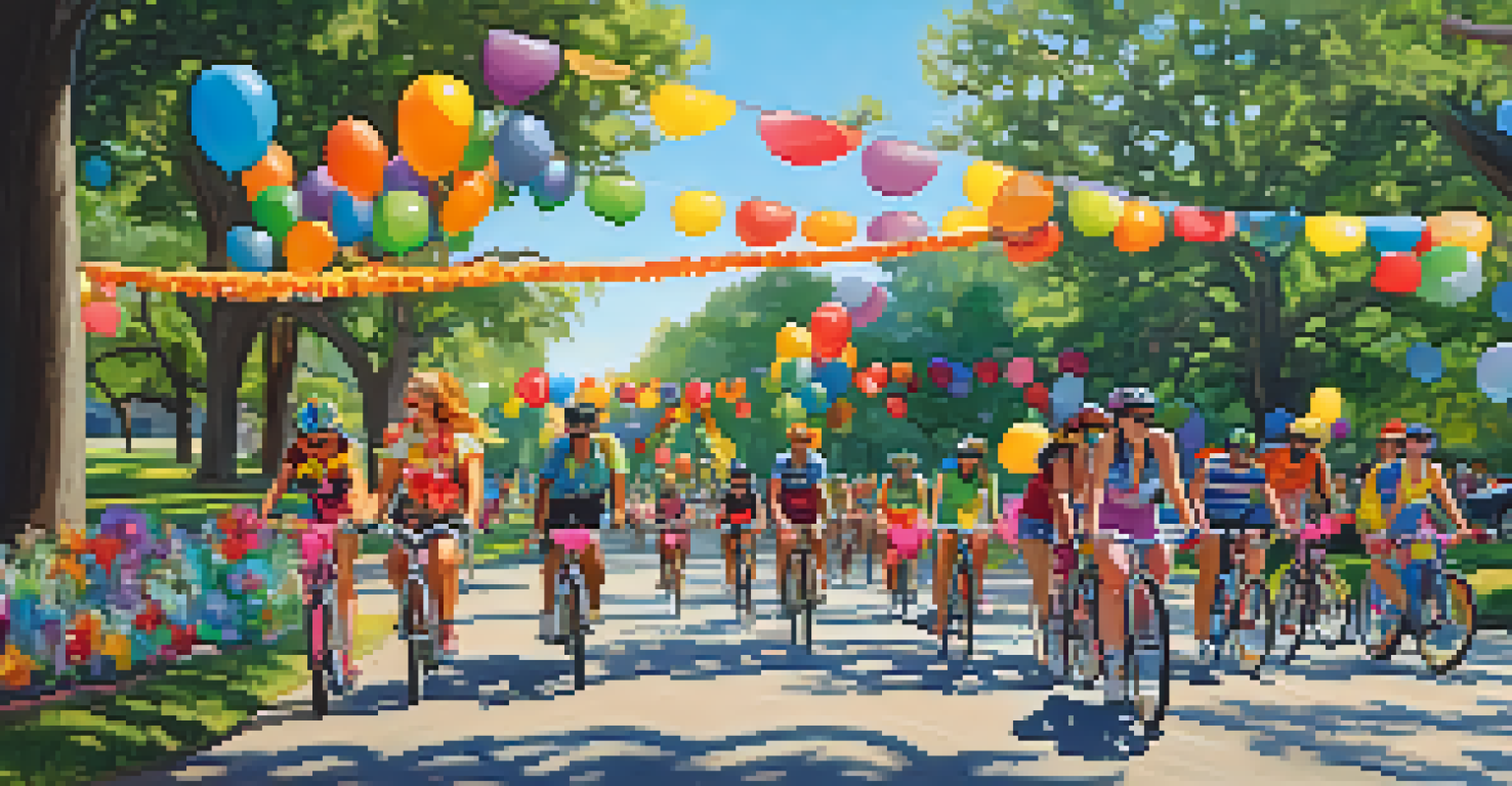 A community bike ride in Austin with cyclists in colorful costumes surrounded by greenery.