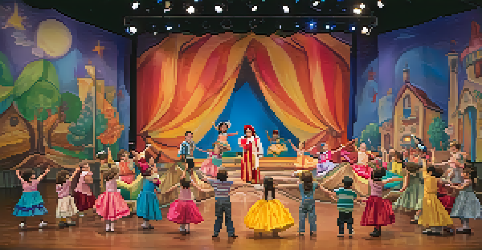 A child performing joyfully on stage at the Austin Children's Theatre, surrounded by a vibrant set and an engaged audience.