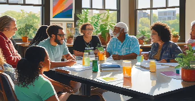 A diverse group of residents engaged in a community meeting in a well-lit room, sharing ideas and collaborating.
