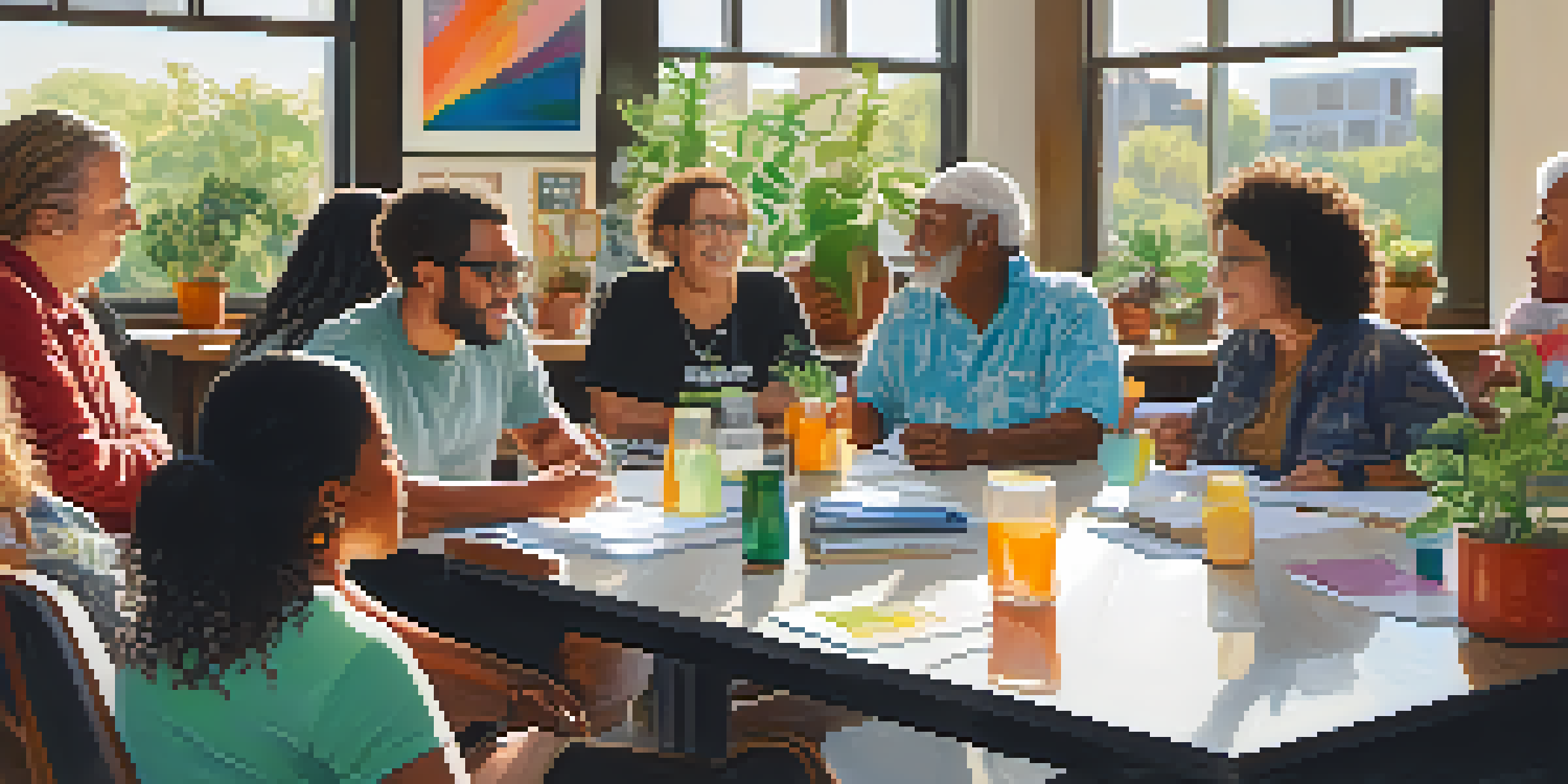A diverse group of residents engaged in a community meeting in a well-lit room, sharing ideas and collaborating.