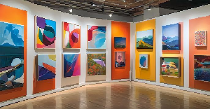 A colorful contemporary art exhibition in Austin with diverse artworks and visitors exploring the gallery.