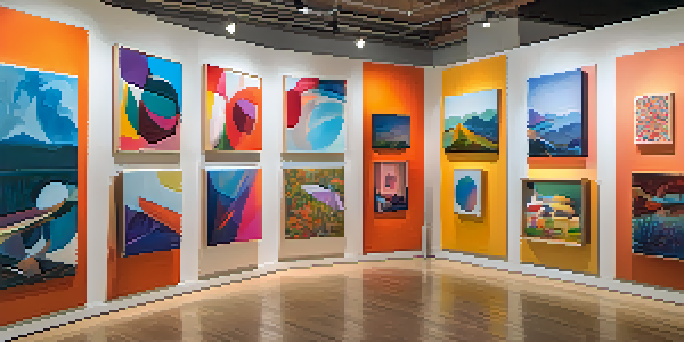 A colorful contemporary art exhibition in Austin with diverse artworks and visitors exploring the gallery.