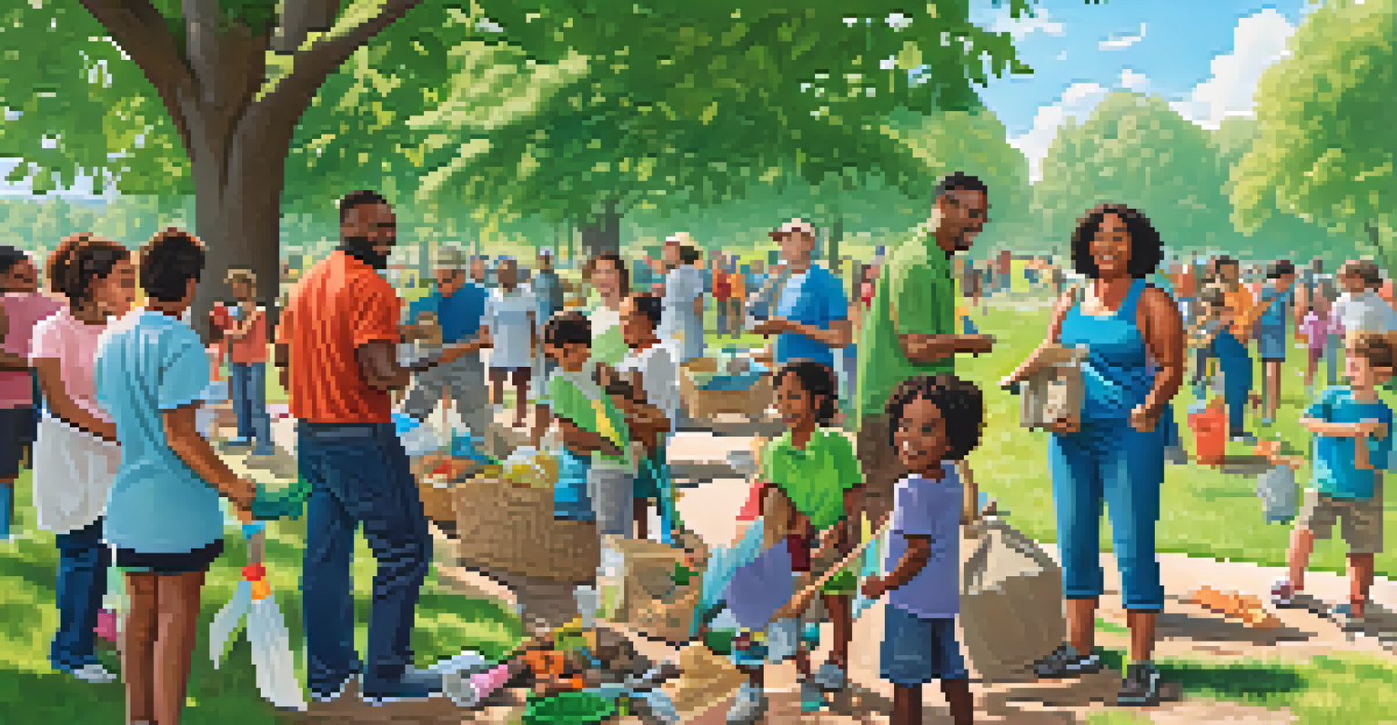 Families cleaning up a park together, surrounded by trees and a clear sky, showcasing teamwork and community spirit.