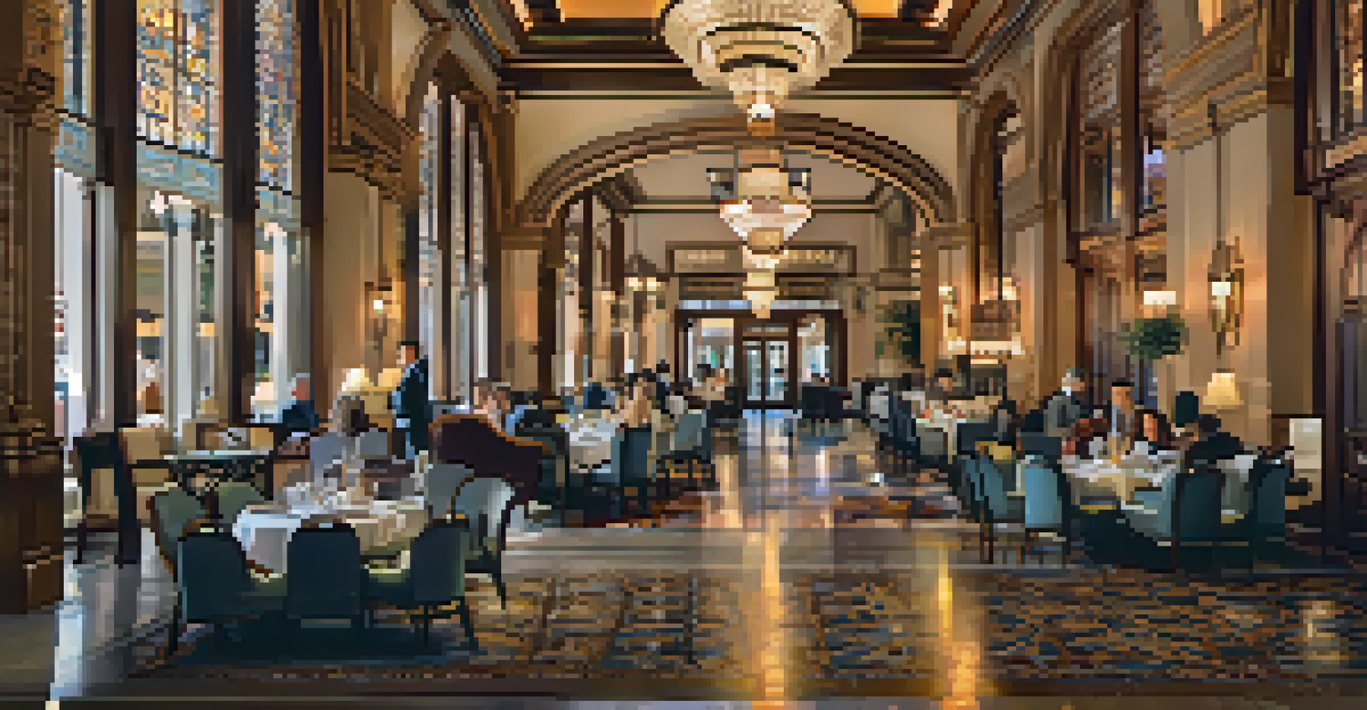 The elegant Driskill Hotel, showcasing its ornate entrance and luxurious interior, with guests enjoying afternoon tea.