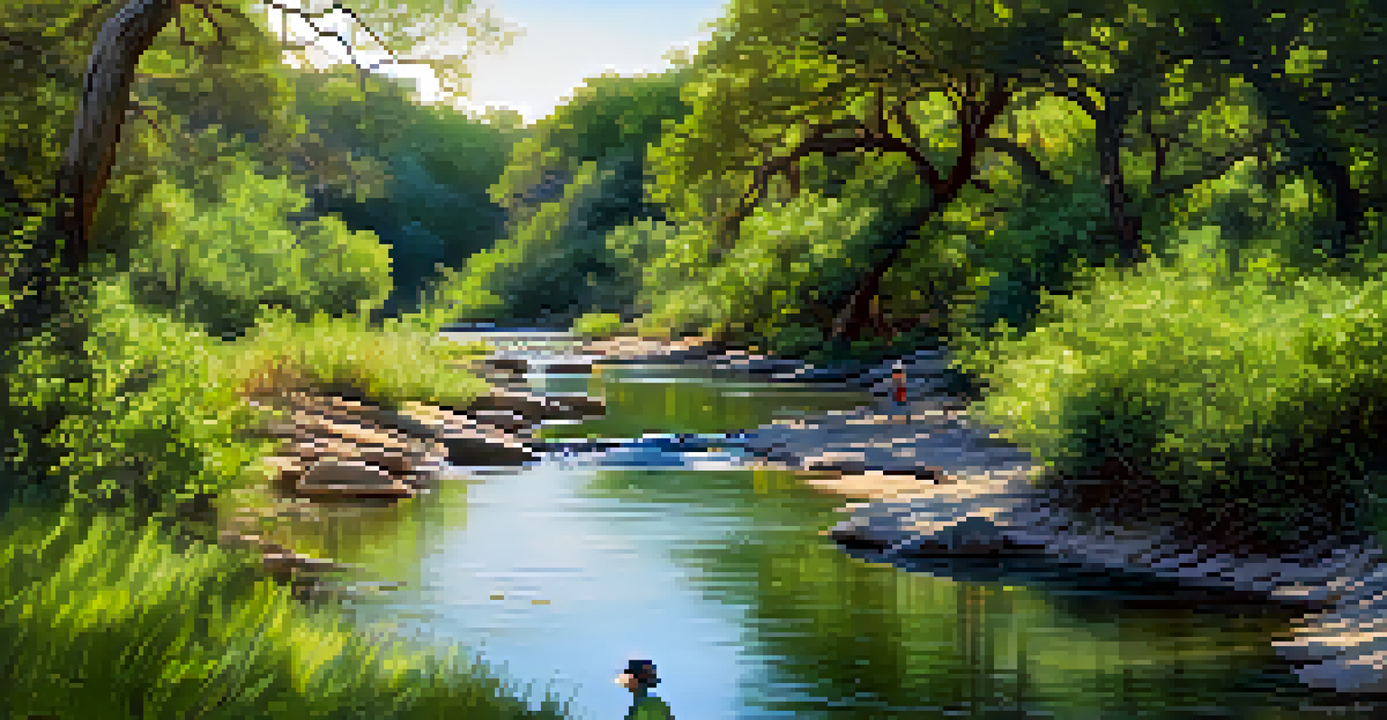 The Barton Creek Greenbelt with hikers and a painted bunting in the trees, surrounded by lush greenery and a stream.