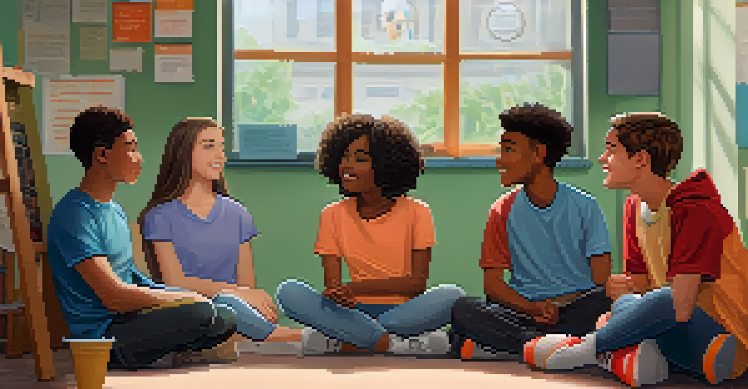 A diverse group of students in a classroom discussing mental health awareness, with soft lighting and motivational posters in the background.