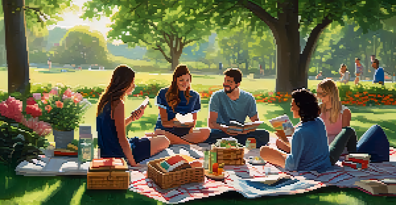 A group of friends having a book club meeting outdoors in a sunny park, with picnic blankets and a lush green background.