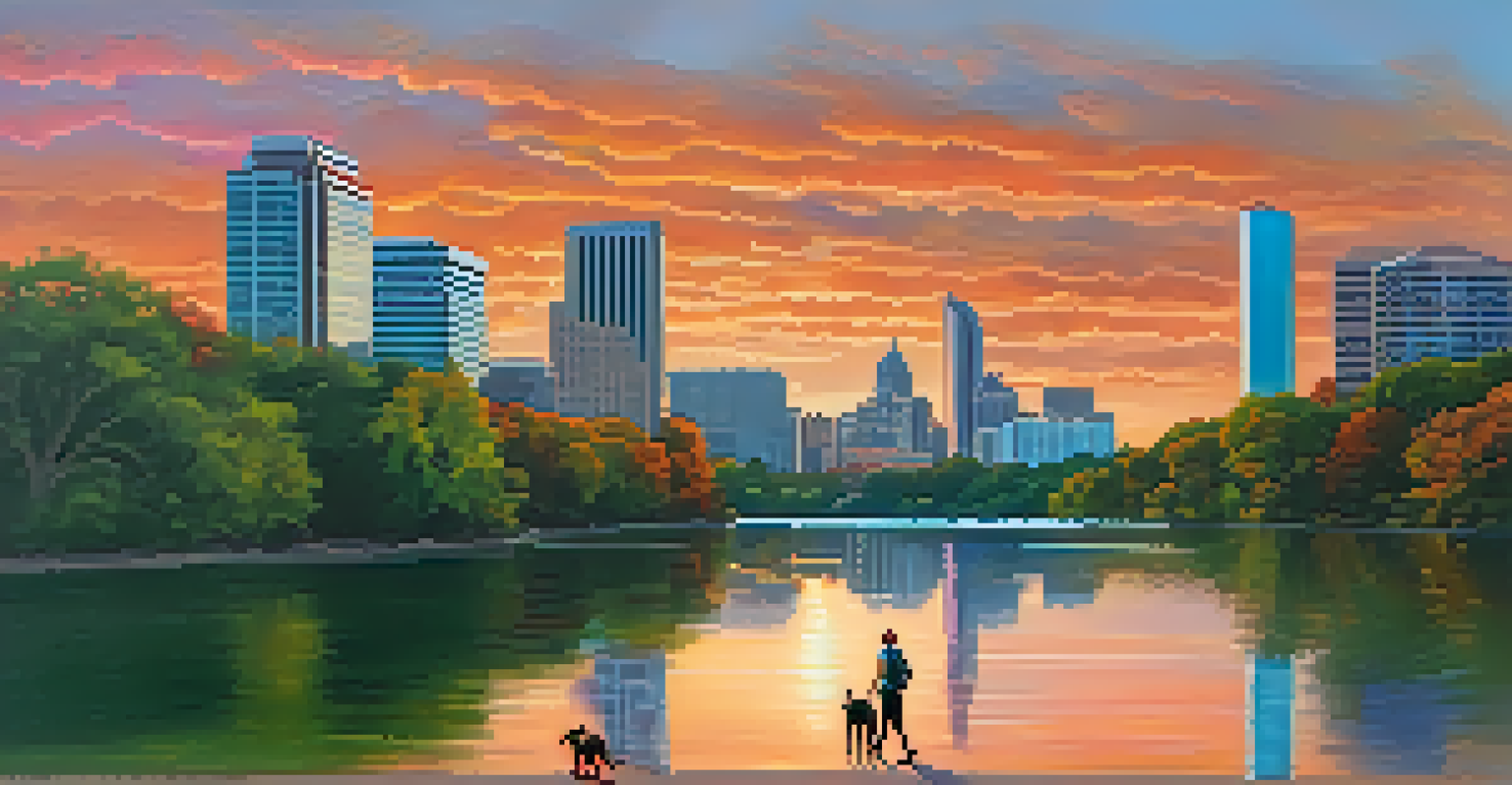 A couple walking their dog along the lake at sunset with the Austin skyline in the background.