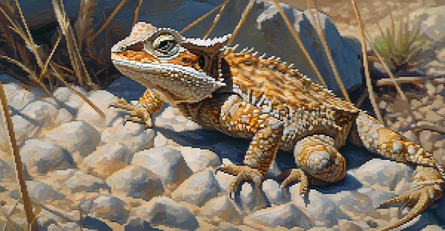 A Texas Horned Lizard blending in with its rocky and grassy surroundings, showcasing its unique texture and colors in a natural habitat.