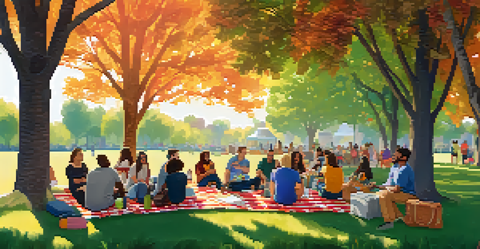 A friendly outdoor LGBTQ+ support event in a park with diverse participants enjoying conversations and refreshments.