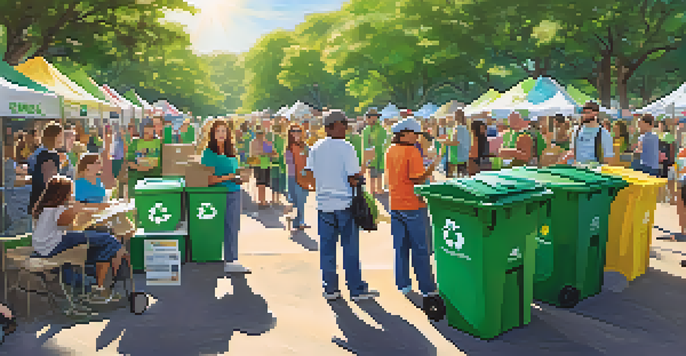 A lively community recycling event in a park, with residents actively participating and colorful recycling bins.