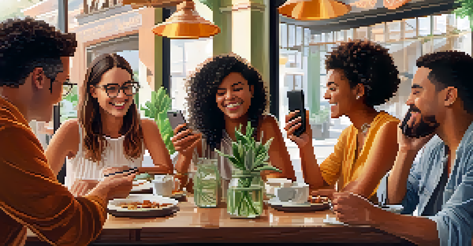 Food influencers at a cozy café in Austin, sharing their experiences with phones in a warm and inviting atmosphere.