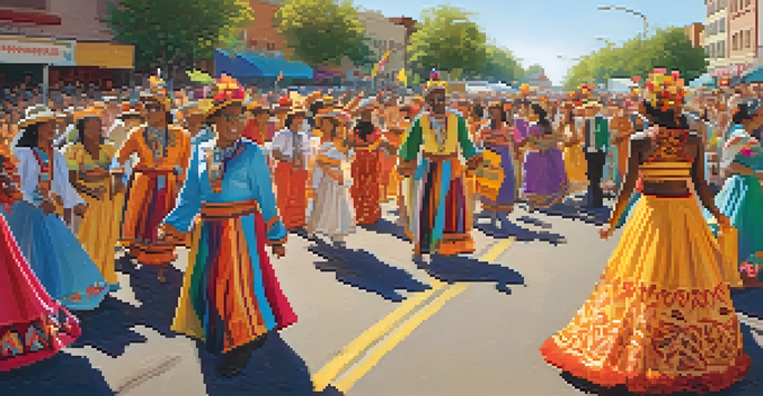A lively festival scene in Austin with performers in colorful traditional costumes and a vibrant crowd under warm sunlight.