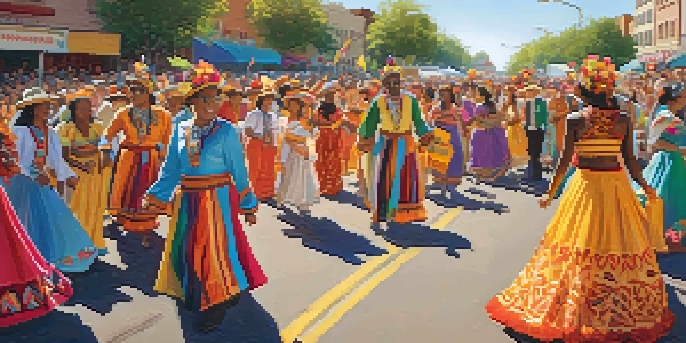 A lively festival scene in Austin with performers in colorful traditional costumes and a vibrant crowd under warm sunlight.