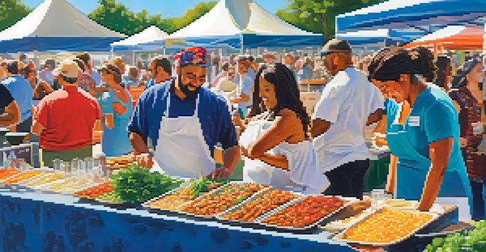 An outdoor food festival with diverse food stalls, chefs cooking, and attendees sampling dishes under bright sunlight.