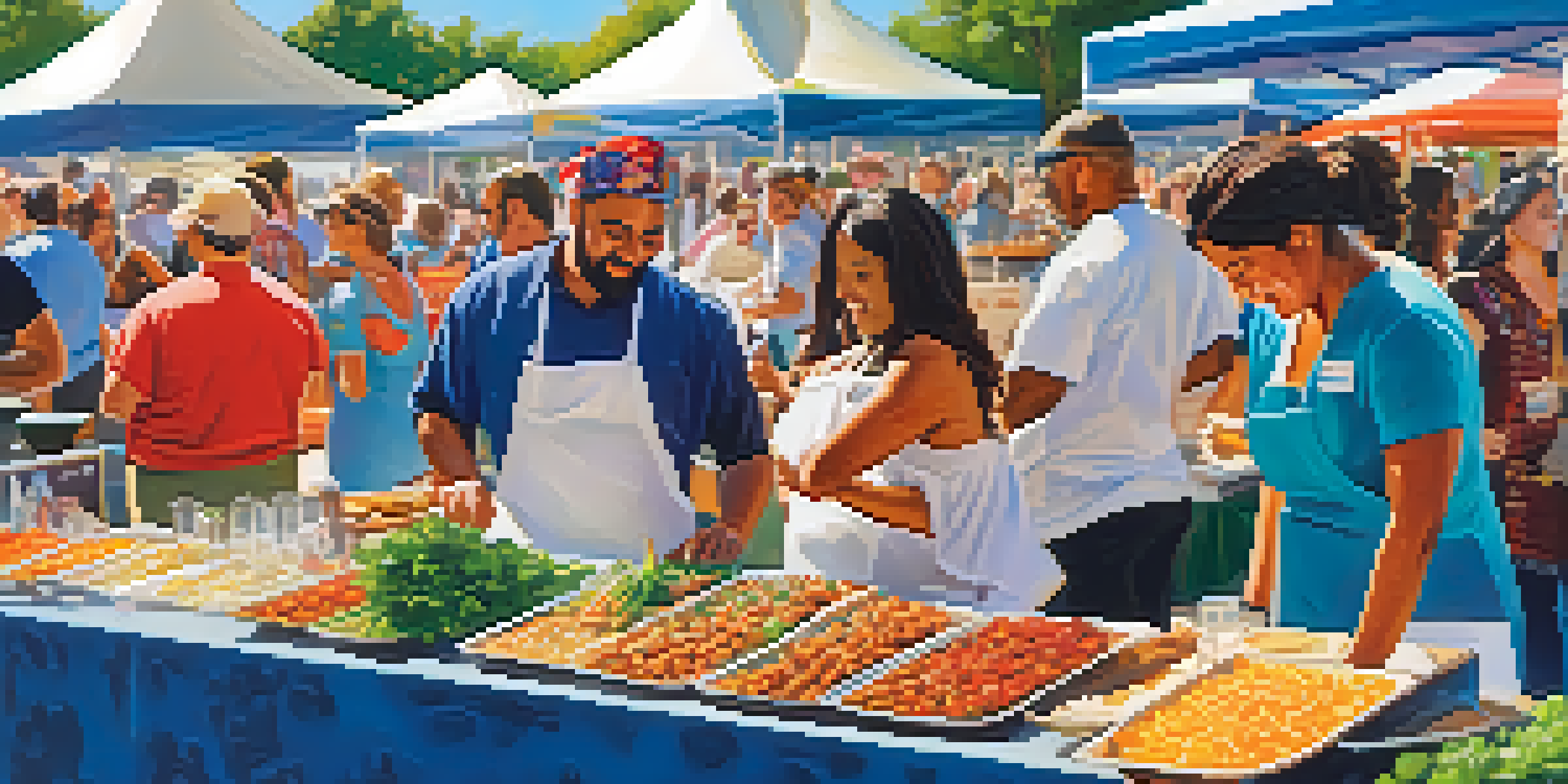 An outdoor food festival with diverse food stalls, chefs cooking, and attendees sampling dishes under bright sunlight.
