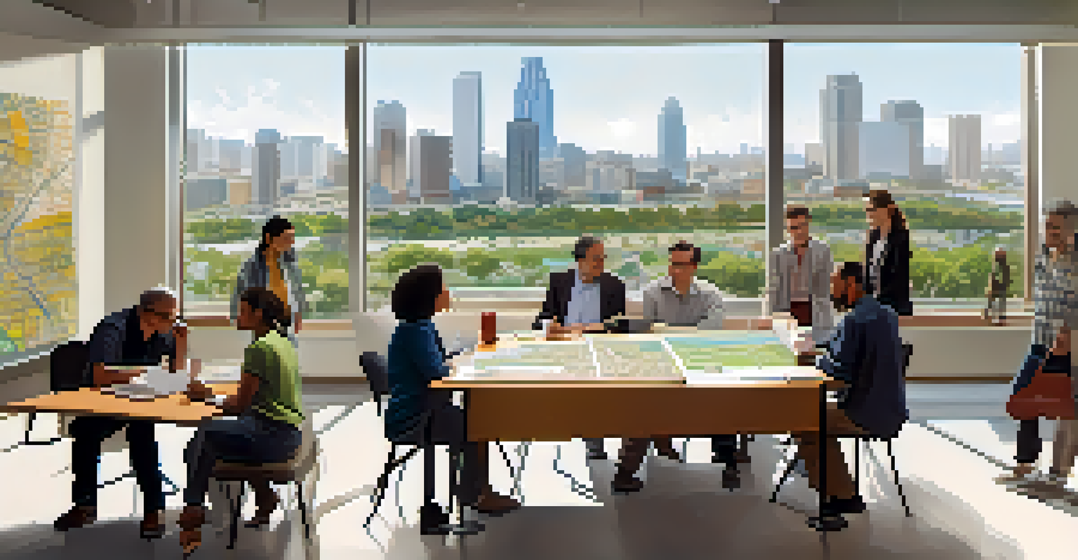 A community meeting in Austin focused on urban planning for walkability, with diverse participants discussing maps and ideas in a bright room.