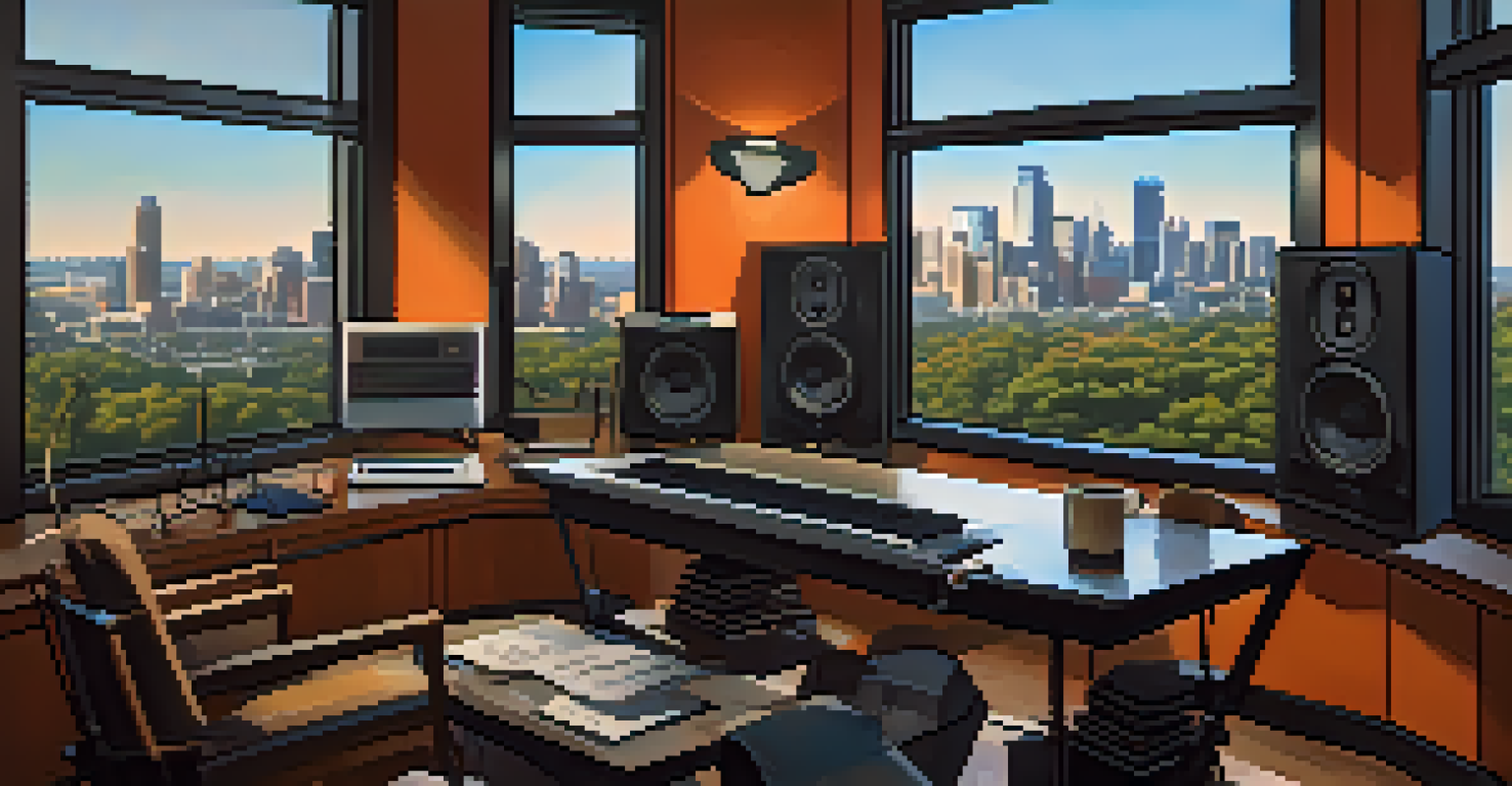 A diverse group of podcasters in a cozy studio discussing true crime stories with audio equipment and the Austin skyline visible.
