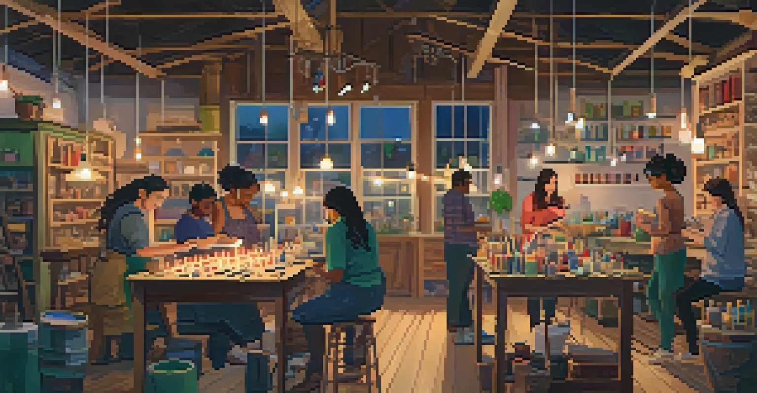 A DIY workshop in Austin with people crafting handmade gifts, including candles and pottery.