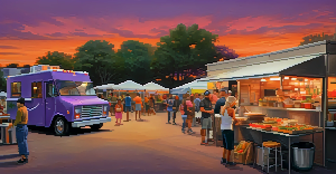A lively food truck park in Austin during sunset, with various food trucks and people dining. A chef is cooking outside one of the trucks.