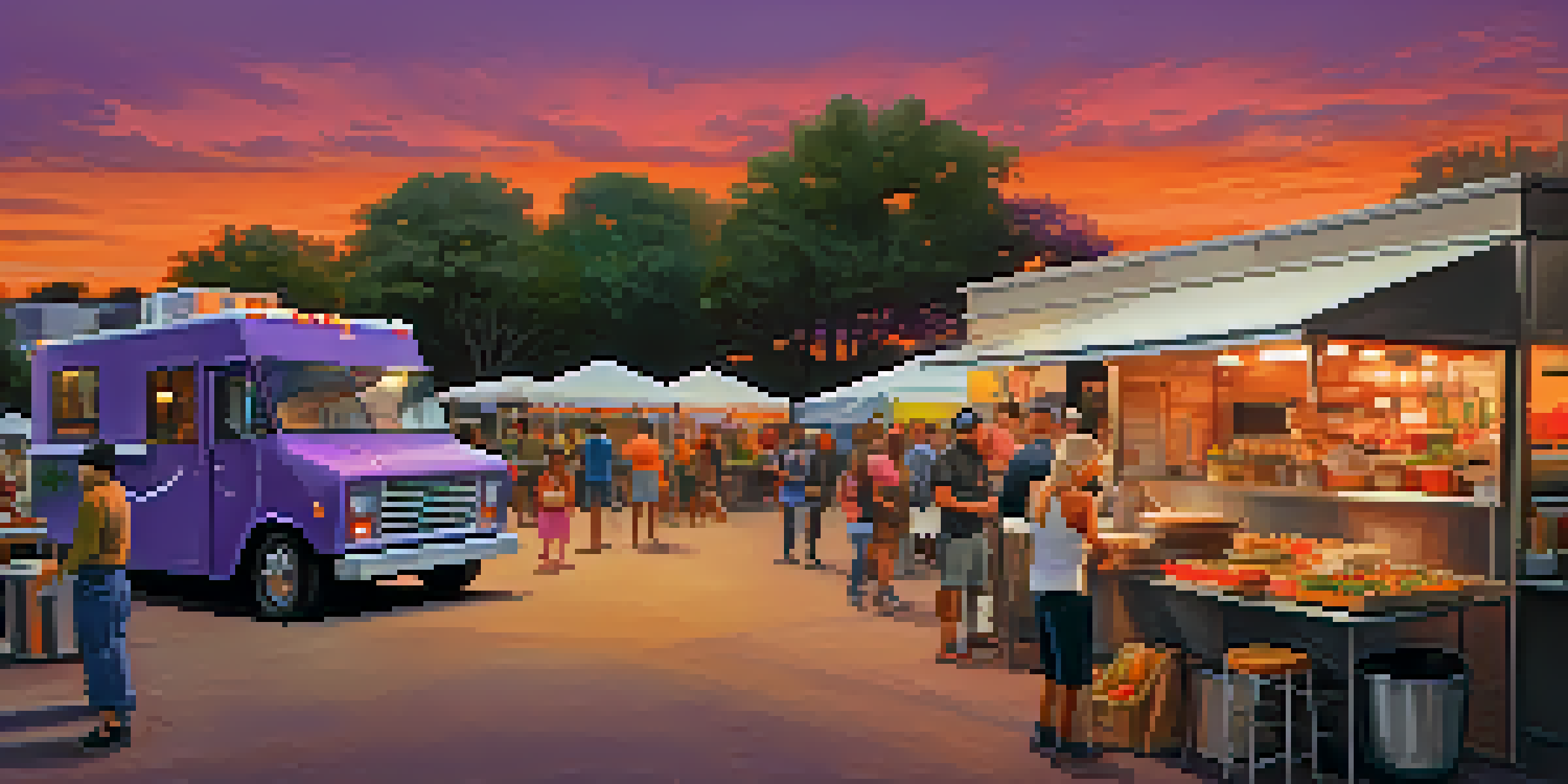 A lively food truck park in Austin during sunset, with various food trucks and people dining. A chef is cooking outside one of the trucks.