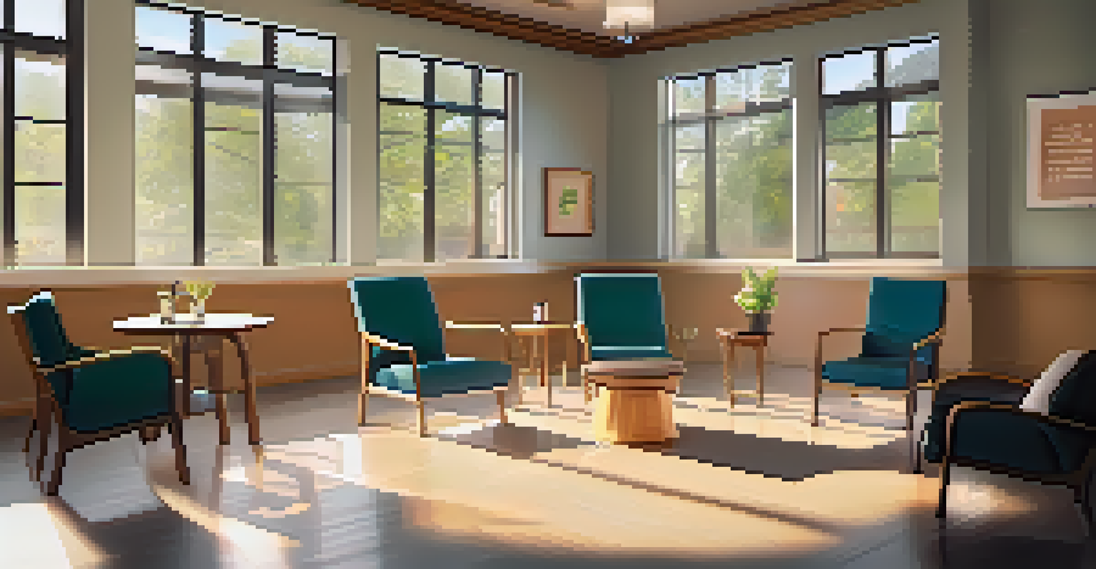 A cozy support group meeting room with comfortable chairs arranged in a circle, natural light streaming through windows, and inspirational quotes on the walls.