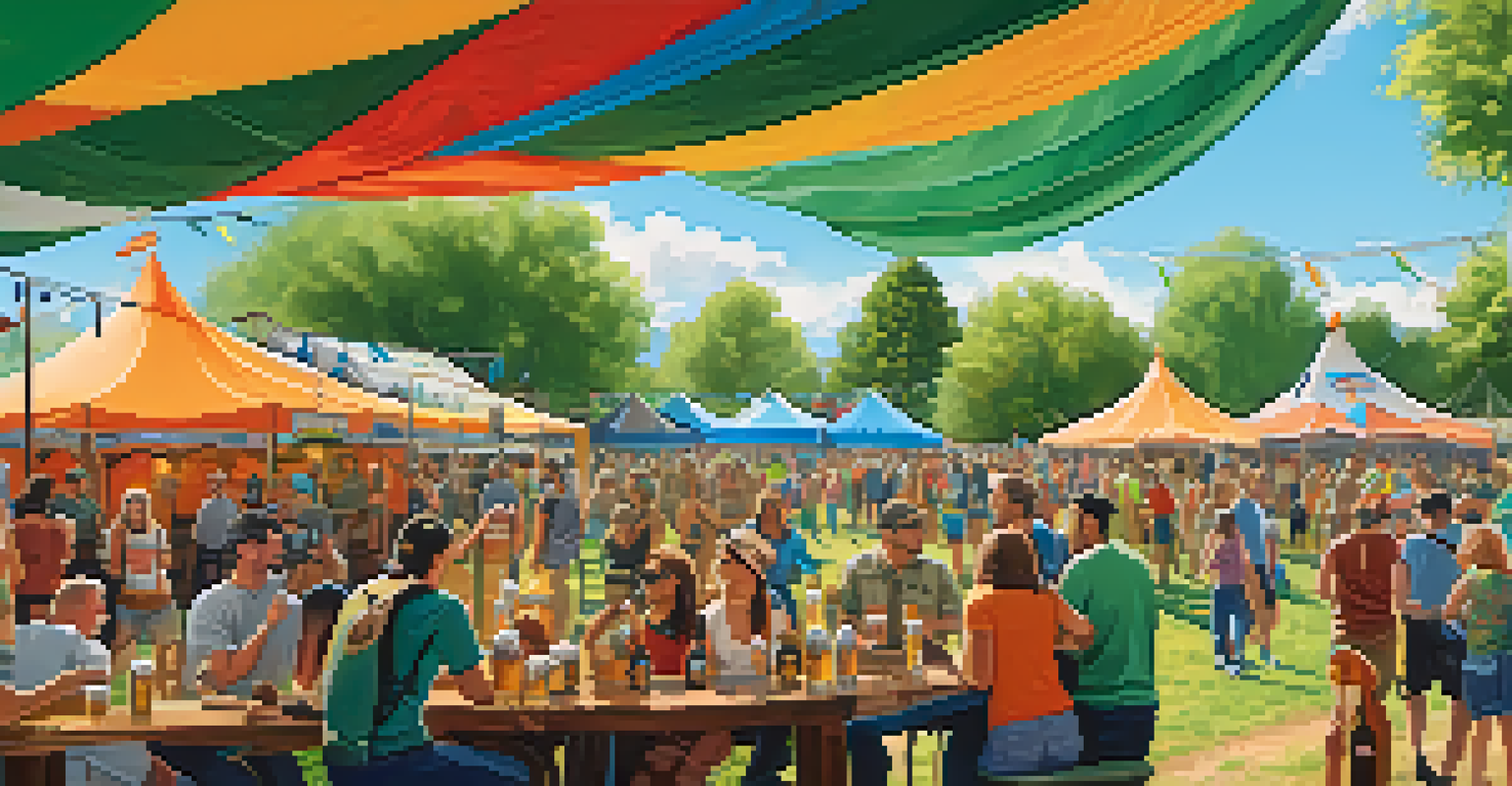An outdoor craft beer festival with colorful tents, people sampling beers, and a sunny blue sky in the background.