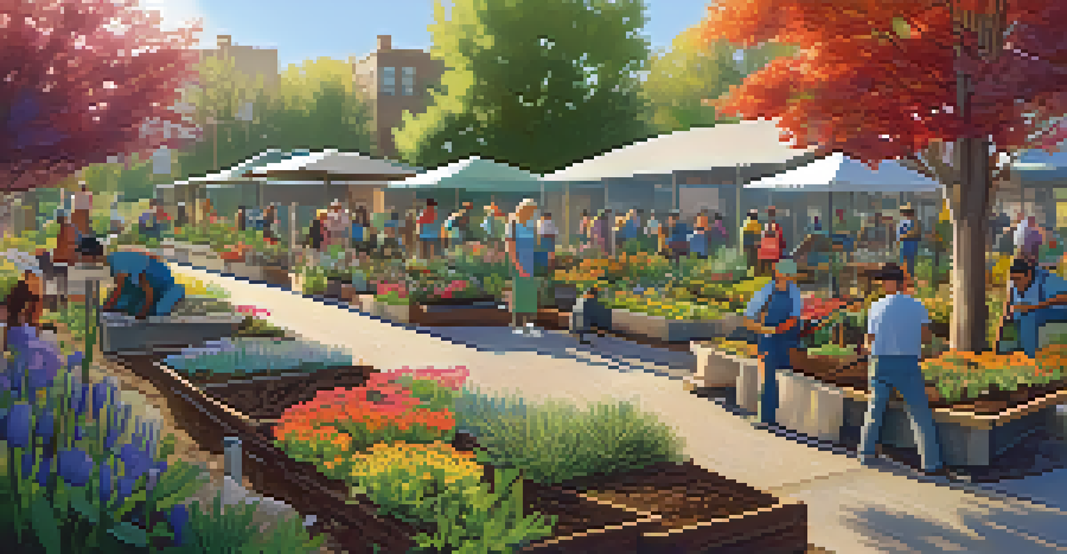 Residents working together in a community garden planting native plants, with colorful flower beds and a warm atmosphere.