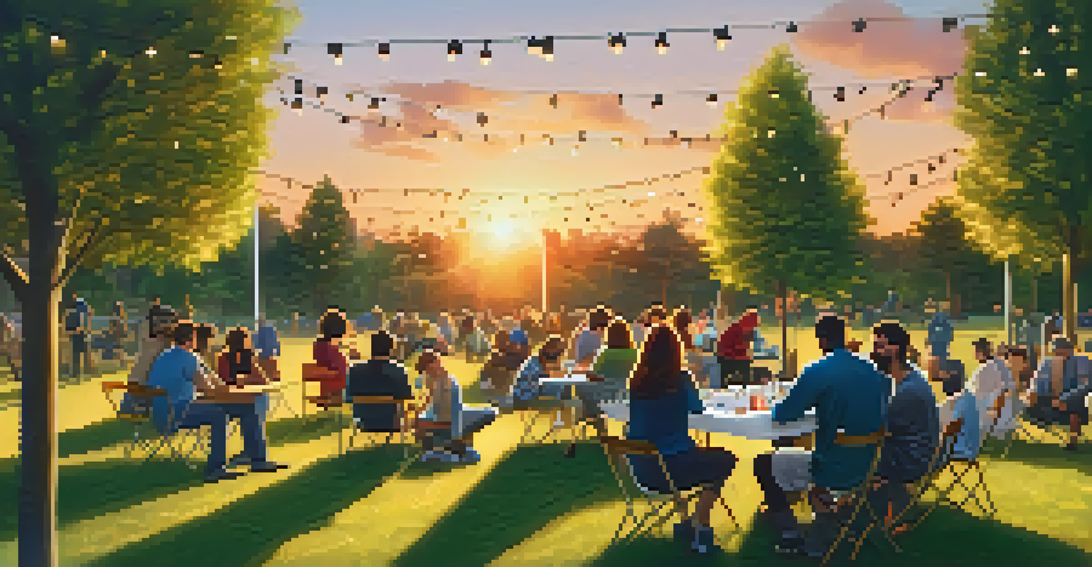 An outdoor networking event in a park with people mingling under string lights, exchanging ideas and enjoying a friendly atmosphere during sunset.