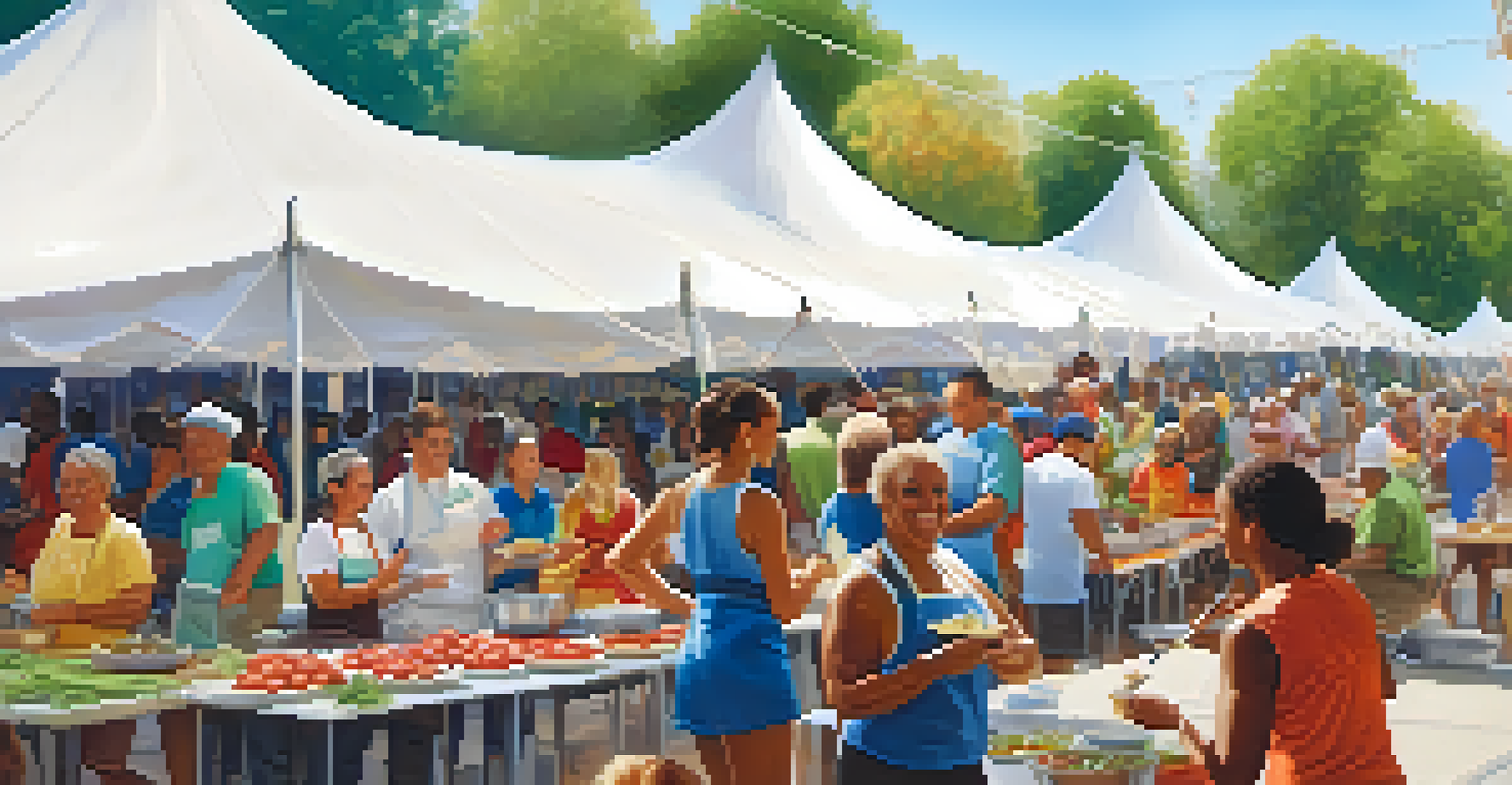 An outdoor community event with people in a cooking class preparing healthy dishes, surrounded by fresh produce and fitness workshops.